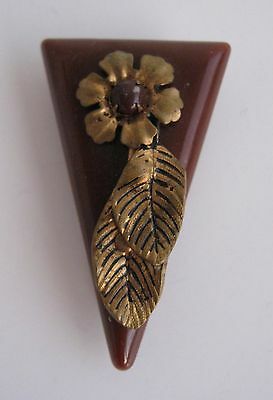 Cocoa Chocolate Bakelite Dress Clip Rose Brass Flower Leaf Accent Collar Fur Vtg