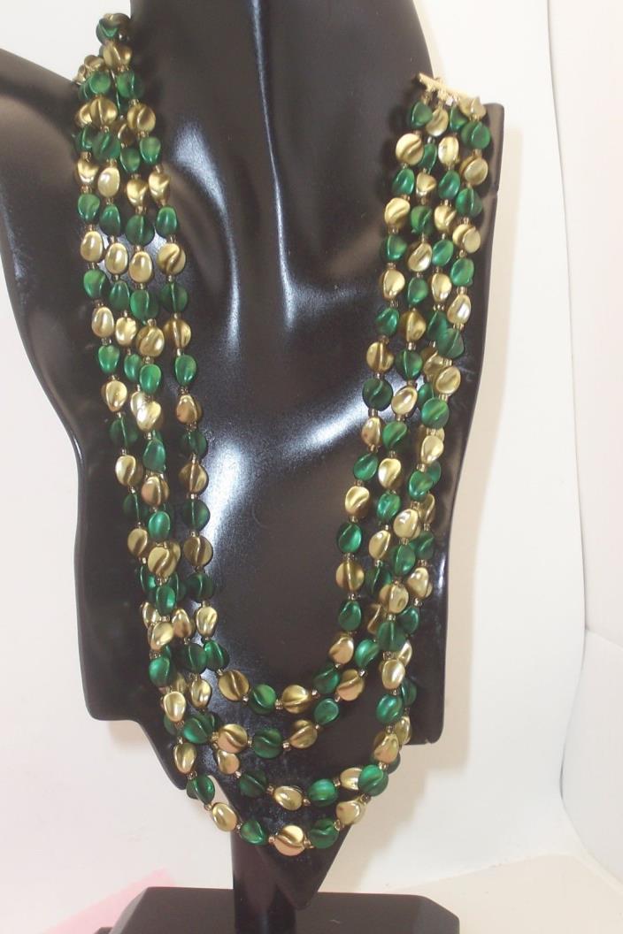 Vintage 4 Strand Olivine & Green Molded Plastic Bead Necklace