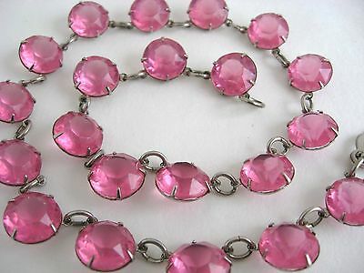 Vintage 70s Pink Rose Cut Plastic Rhinestone Bib Necklace Art Deco Style Silver