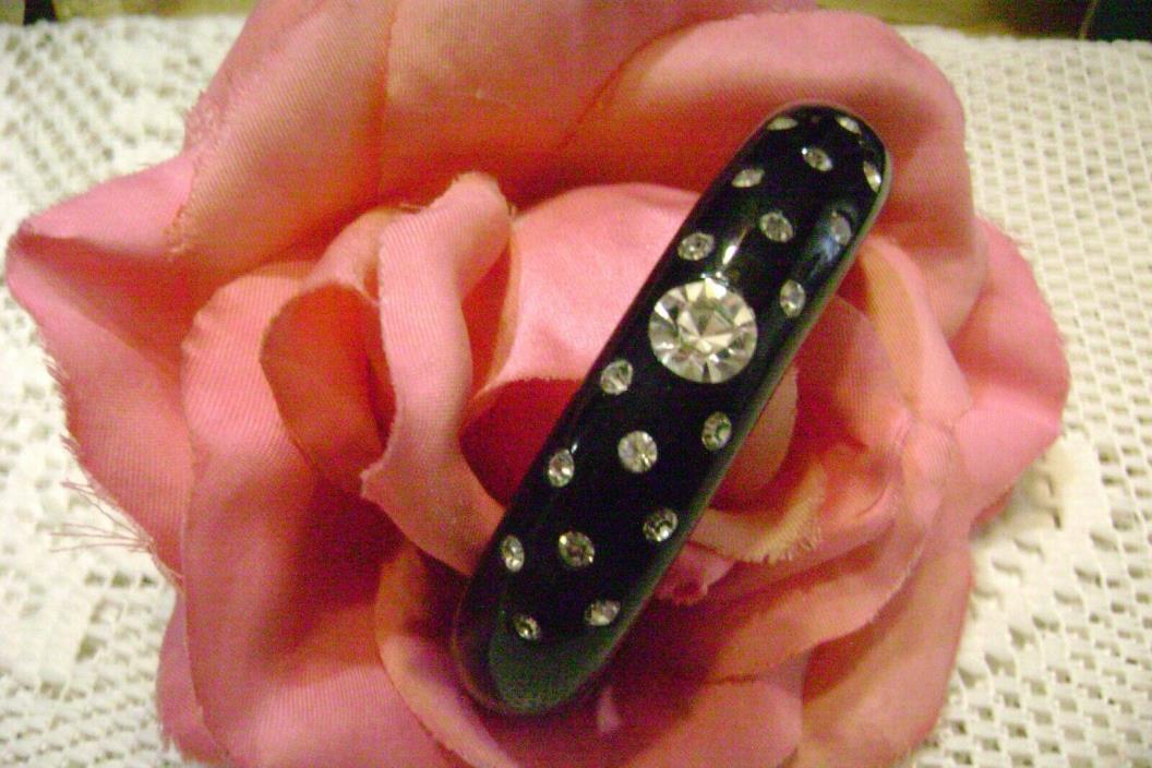 Vintage Solid Black w/Clear crystals Lucite Bakelite Cuff Bracelet