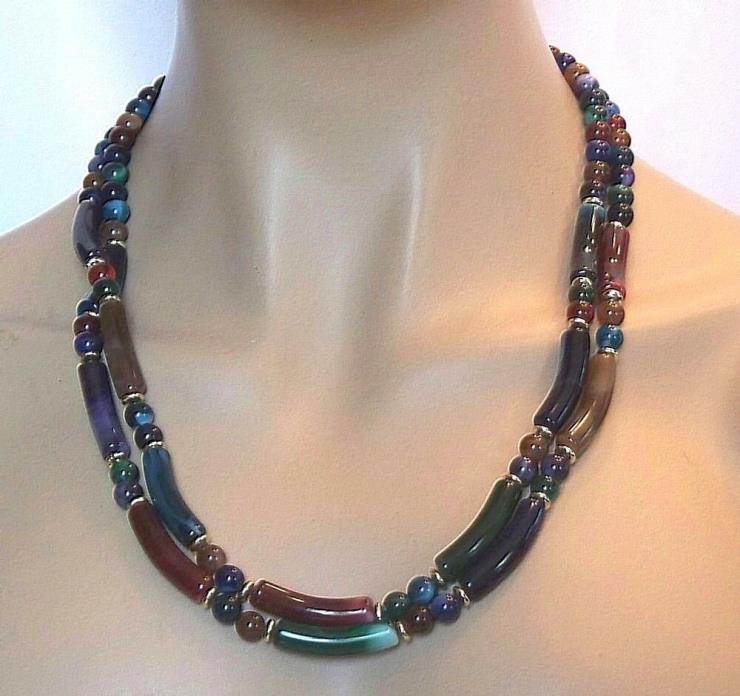 VINTAGE 70'S 2 STRAND MULIT COLORED MARBLED BEAD NECKLACE C170