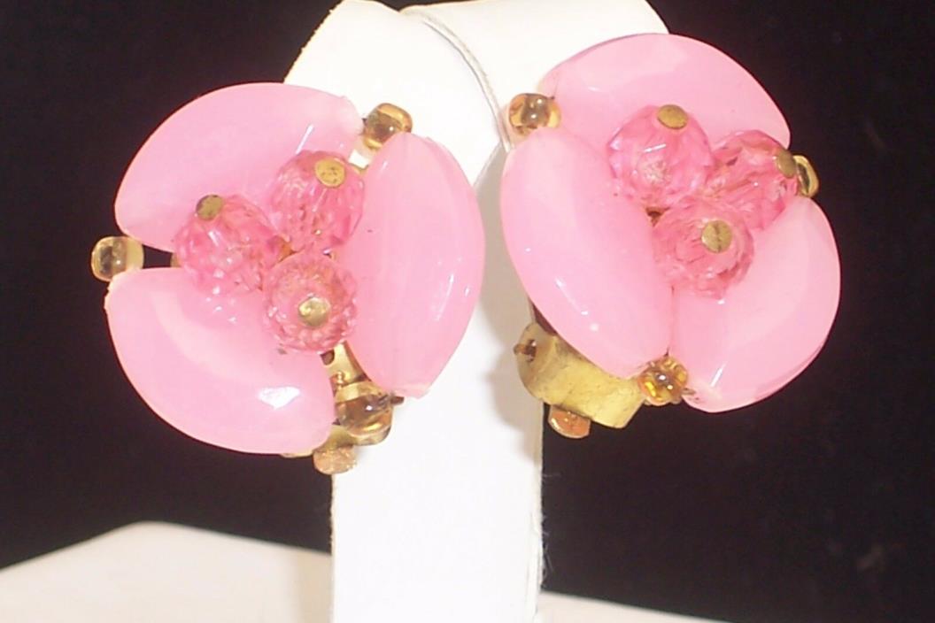 Vintage Pink Plastic Bead Clip On Earrings With Faceted Pink Glass Bead Centers