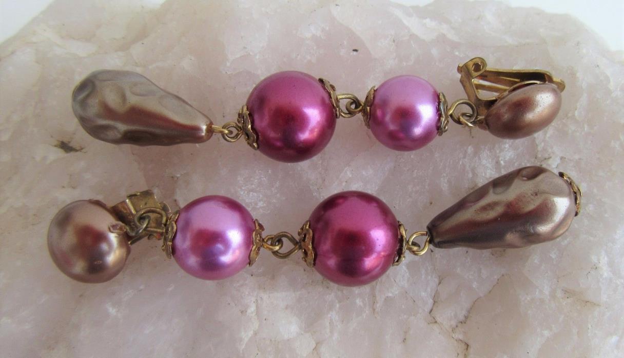 Vintage Beaded Dangle Earrings Pearlized Plastic Beads Pink Fushia Taupe Clip On