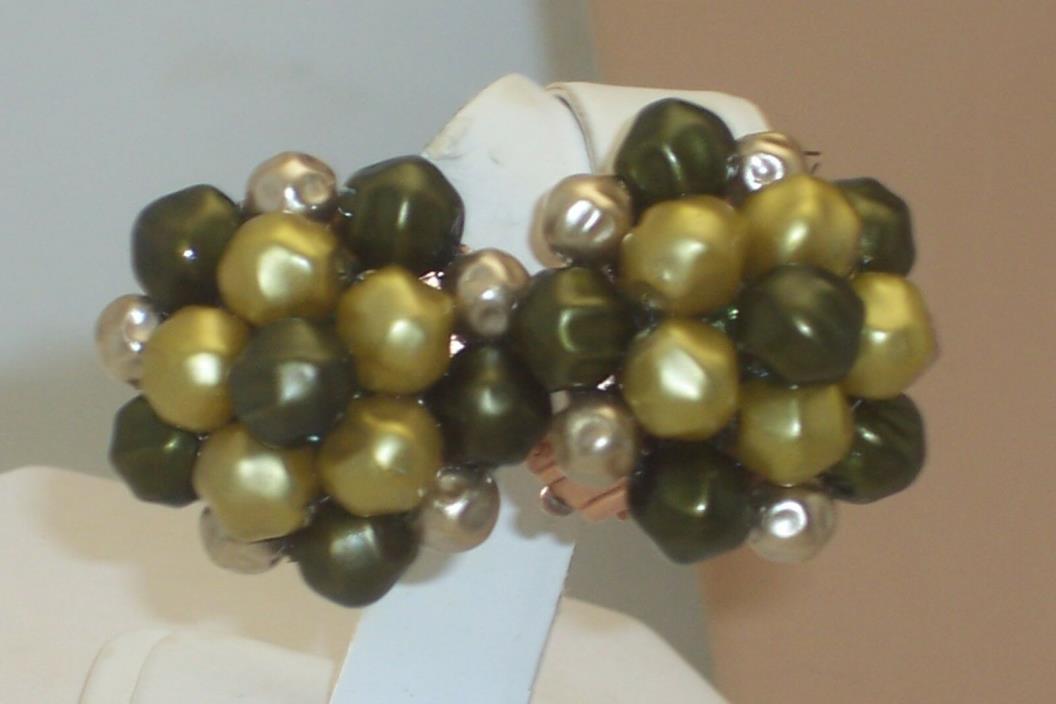 Vintage Shades of Olivine Green Plastic Bead Cluster Clip on Earrings