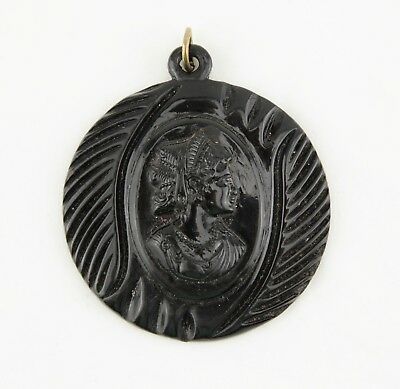 Vintage Victorian  carved black Lucite cameo women's portrait mourning pendant