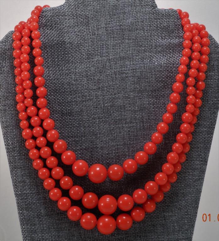 Vintage Red Graduated Beads Necklace Multi Strand Plastic Free Shipping