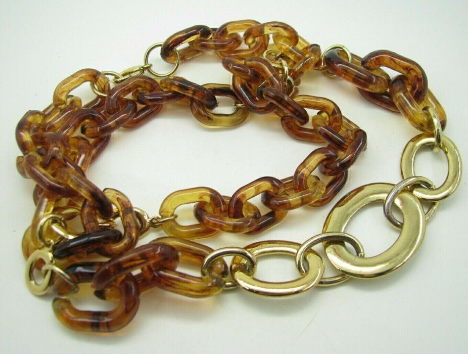 Vintage LUCITE/PLASTIC Faux Tortoise CHUNKY CHAIN LINK NECKLACE Gold Tone RINGS