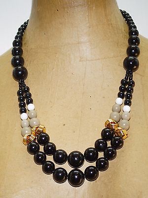Vintage Black Tan White Lucite Beads Graduated Waterfall Necklace 22