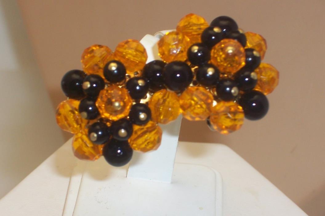 Vintage Black & Amber Big Plastic Cluster Bead Clip on Earrings