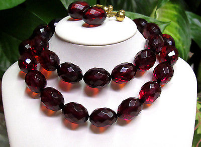 Vintage 12K Gold Cherry Amber Bakelite Beaded Necklace & Earring Set - 110 grams