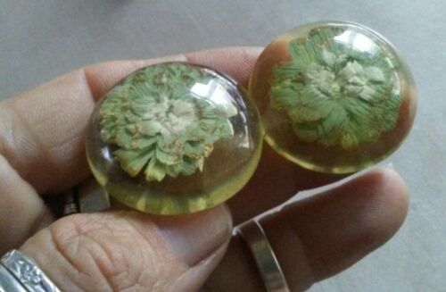 Vintage PAINTED FLOWER Dome LUCITE Big Button Acrylic PIERCED EARRINGS