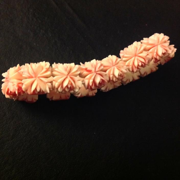 Vintage Carved Pink Flower Bead Celluloid Stretch Bracelet