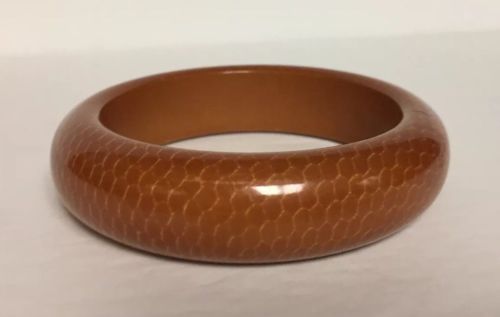 Vintage Chunky Caramel Brown Bakelite Bangle Bracelet Rare Snakeskin Overlay