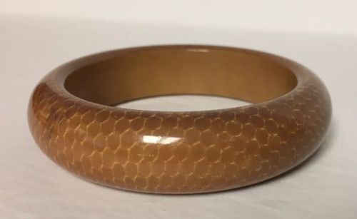 Vintage Chunky Tan Brown Bakelite Bangle Bracelet • Rare Snakeskin Overlay