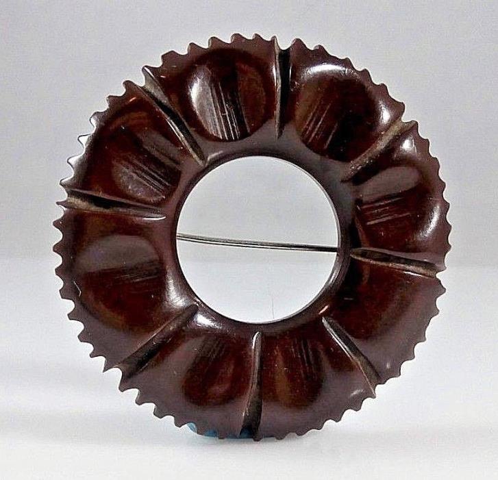 Vintage Bakelite Open Circle Dark Brown Pin Brooch Carved Tested