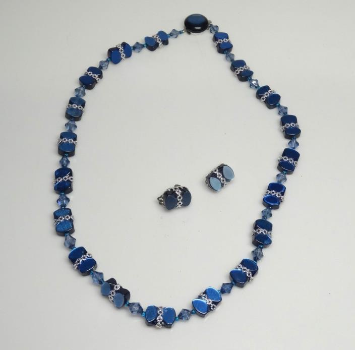 Vintage Royal Blue Moonglow Lucite Bead Necklace & Clip Earrings-  Japan