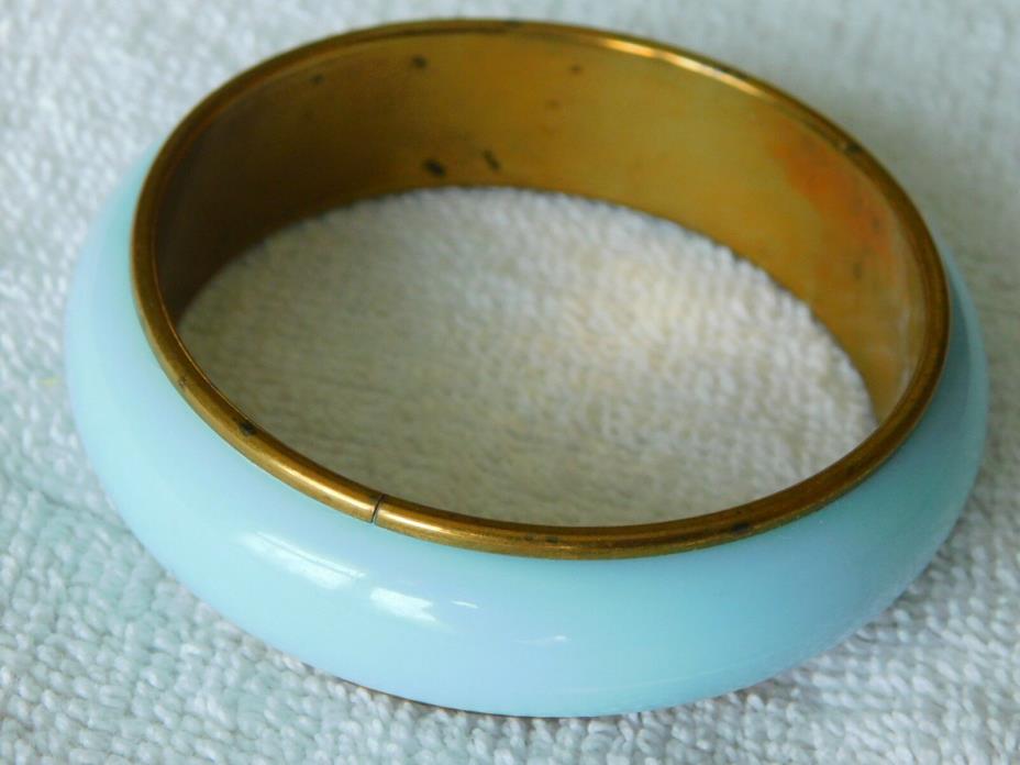 Vintage Pale Blue Bakelite (?) Bangle Bracelet with Goldtone Mount D: 2.5