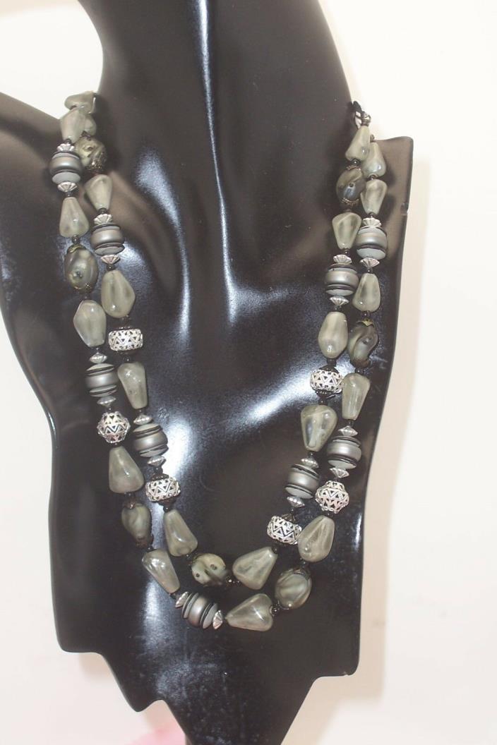 2 Strand Gray & Black Molded Plastic Bead Necklace Silvertone Filigree Spacers