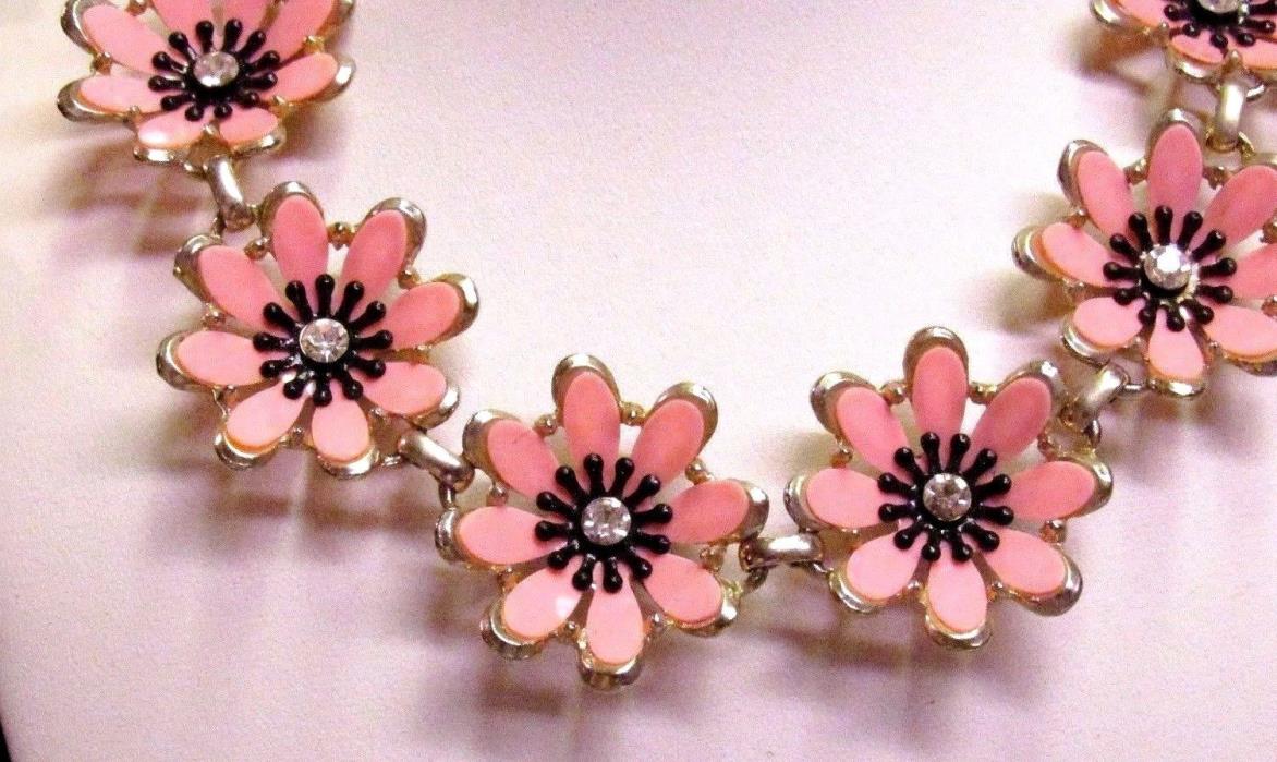 Vintage Rhinestone Pink Thermoset Flower Power Necklace & Earring Set - MINT!
