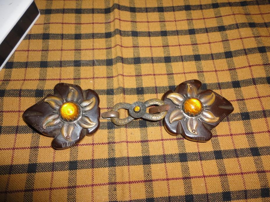 ANTIQUE CARVED AND JEWELED BAKELITE BUCKLE - CLOSURE , CAPE VINTAGE CLOTHING