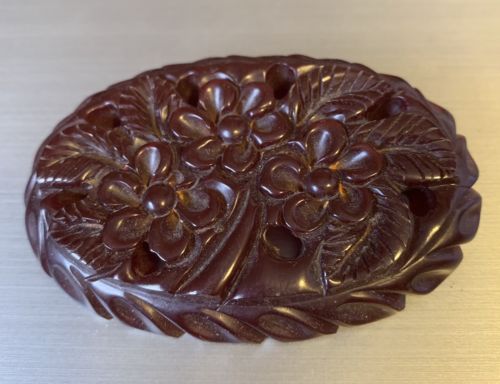 Heavily Carved Vintage Oval Burgundy Brooch! VALENTINE'S DAY SALE