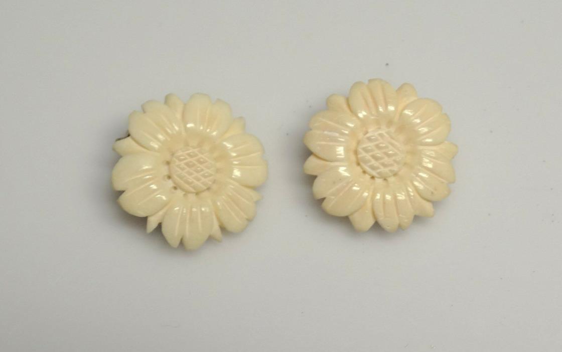 Vintage Carved Celluloid Flower Clip Earrings- DARLING