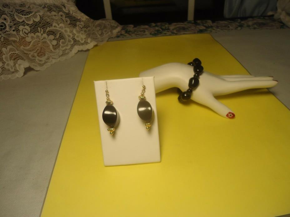 Vtg Lot 2 PC Set Bracelet And Pierced Earrings Black Bakelite?, Plastic   #6