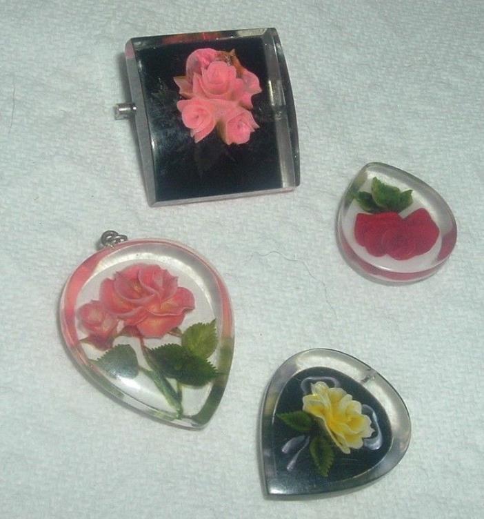 VINTAGE Lot of 4 Lucite Reverse Carved  Pendants and Brooch