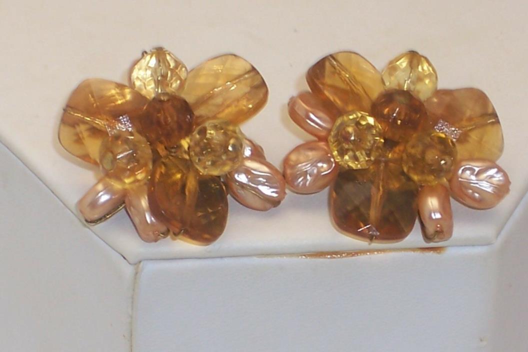 Vintage Big Champagne Amber Bead & Faux Baroque Pearl Cluster Clip on Earrings