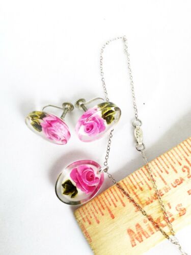 Vintage Reverse Carved Lucite Pink Roses Flowers Necklace & Earrings Set