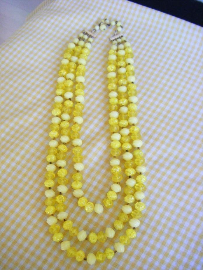 Vintage Sunny Summer 3 Strand Yellow Necklace Plastic Lucite Bakelite ? Jewelry