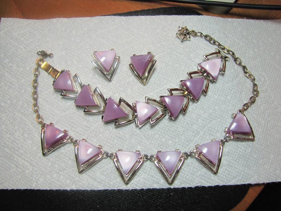 Vintage 3 Pc. Themoset Lucite Parure 3D Lavender Triangles Set Excellent (19)