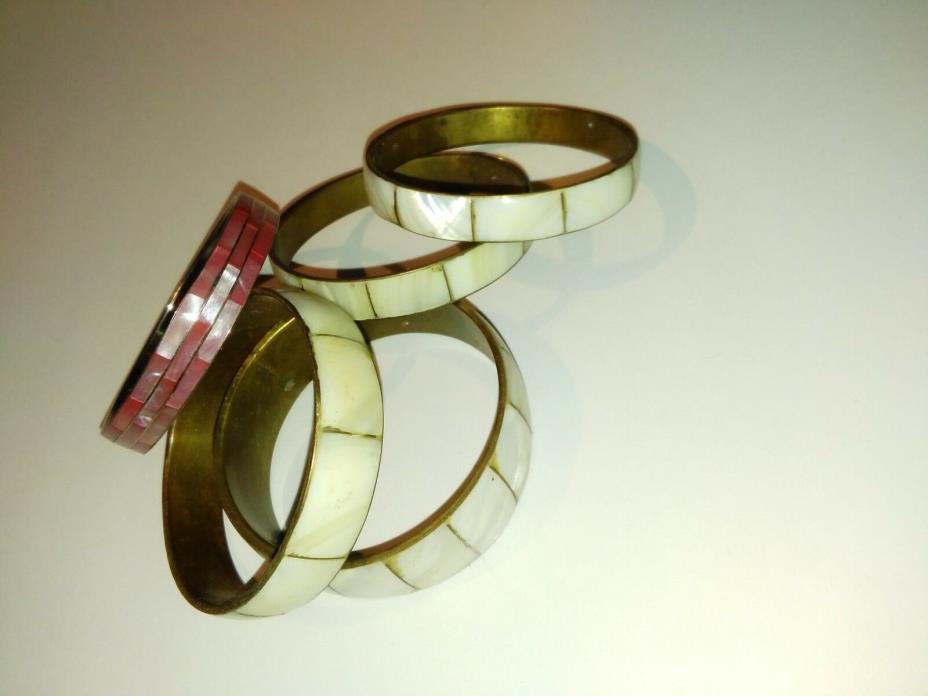 Vintage Jewelry Brass Shell Inlay Bangle Bracelets Stacks Lot of 5