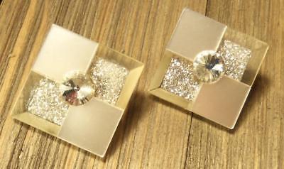 Vintage Square Glitter Retro Mod Clear Lucite Clip On Earrings ESTATE FIND