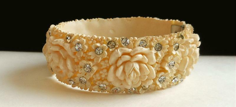 Vintage Deeply Carved Lucite Hinged Clamper Cuff Bracelet Roses & Rhinestones