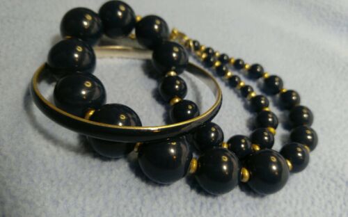 Vintage Midnight Blue Lucite Bead Necklace with Gold Spacers and Enameled Bangle