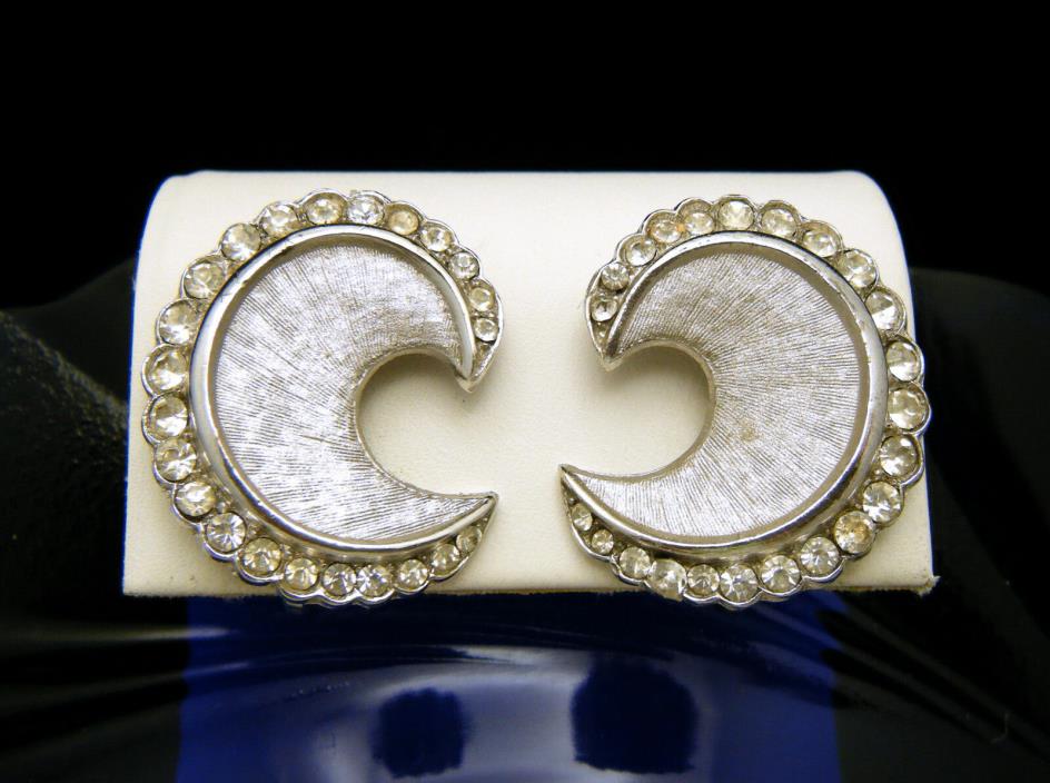Vintage Crown Trifari 1960s Clear Rhinestone Earrings Silver Tone