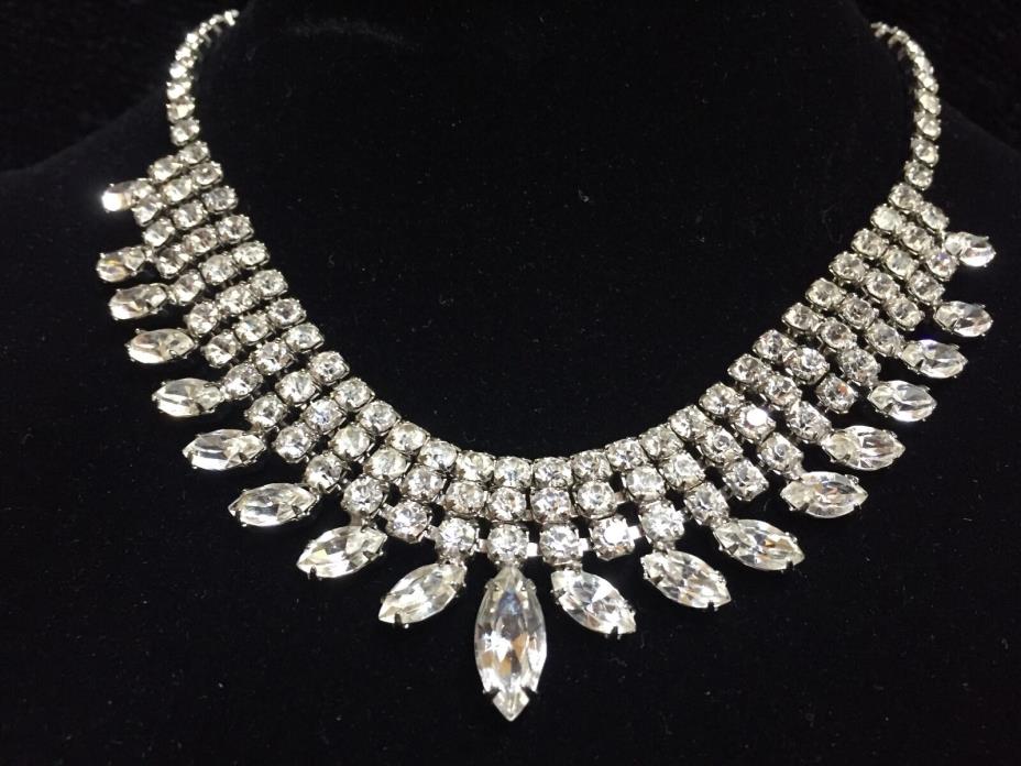 Vintage WEISS Clear Rhinestone Bib Necklace with Navettes, 16 1/2