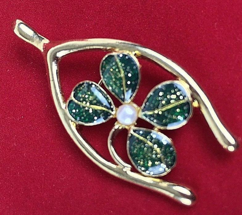 Signed JJI Lucky Wishbone Four Leaf Clover Faux Pearl Gold Tone Brooch Pin