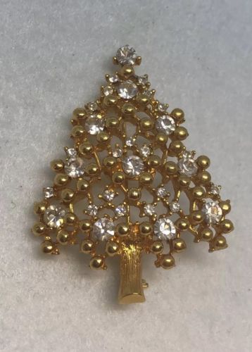 Vintage EISENBERG ICE GOLDTONE RHINESTONE “CHRISTMAS TREE” BROOCH-Estate