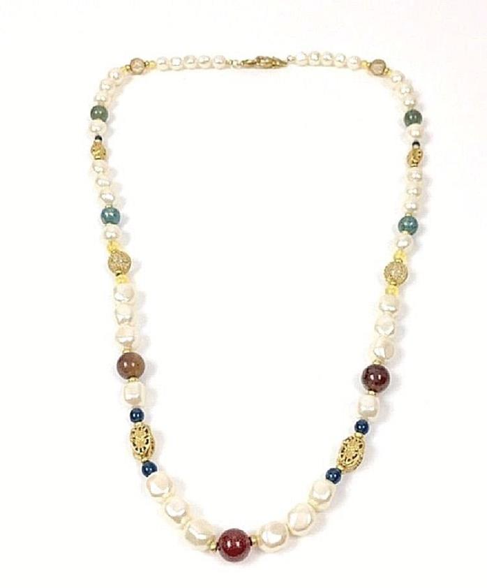 LIZ CLAIBORNE signed LCI Faux Pearl Gold Tone Multicolor Bead Designer Necklace