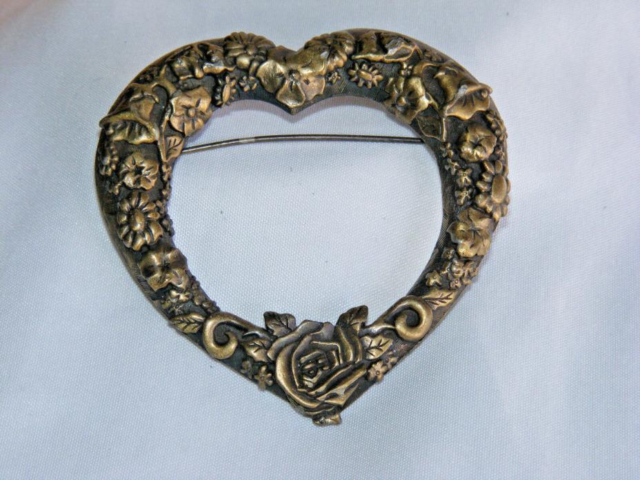 Vintage JJ Jonette Jewelry Brass-Colored Open HEART Roses Flowers Pin Brooch G5