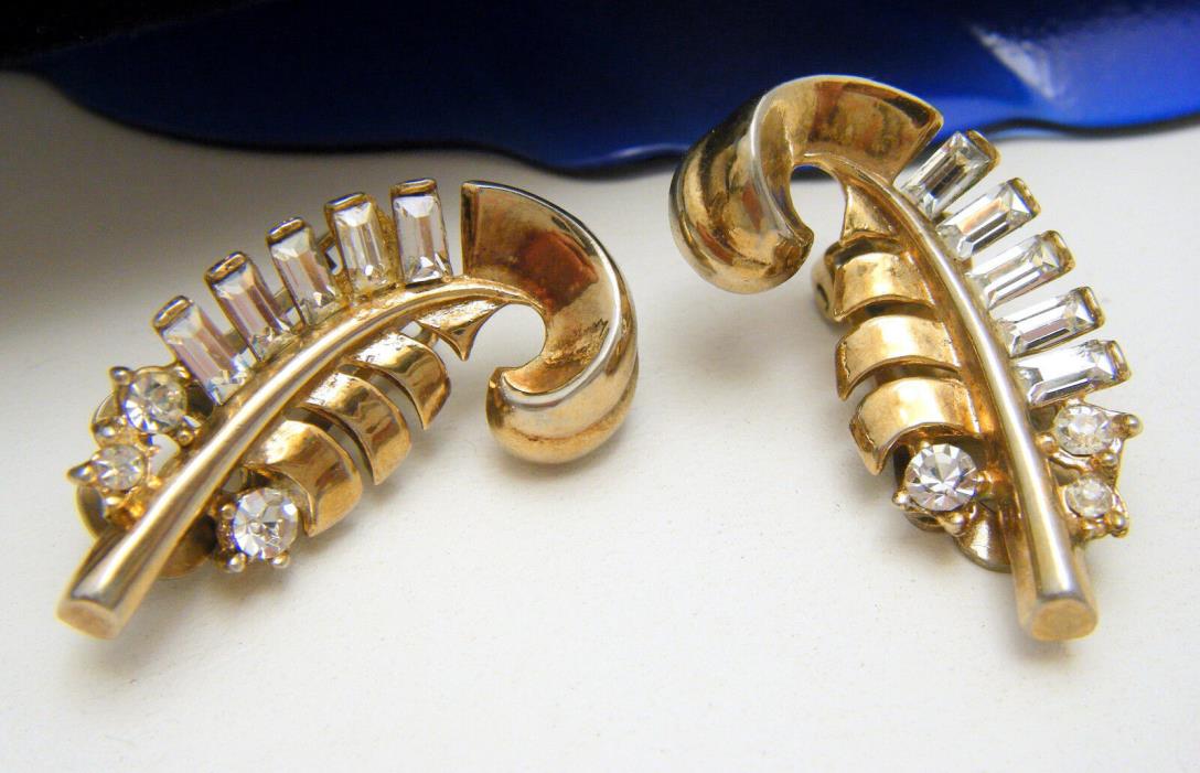 Crown Trifari Earrings Rhinestone Baguettes Feather Frond Clip Ons Gold Tone