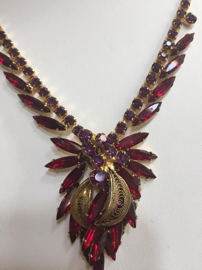 Vintage Stunning JULIANA Red & Purple Rhinestone Necklace with Gold Scrolls