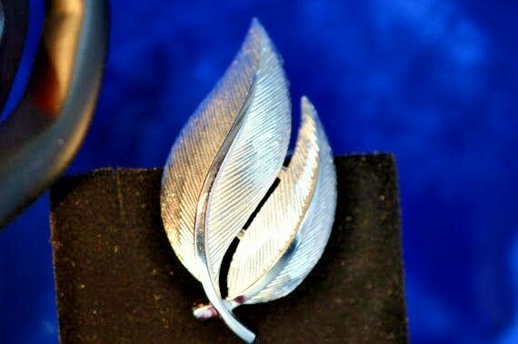 Crown Trifari Signed Silver Leaf Brooch Pin ships in 48 Hrs