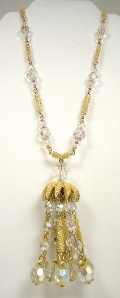 Vtg Vendome Long Gold-tone Aurora Borealis Bead & Tassel Necklace