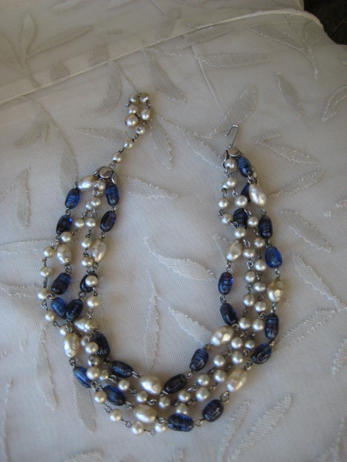 Vintage STAR Brand Costume Jewelry 4 Strand Blue Tiger Striped Gems Necklace