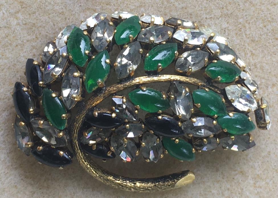 Christian Dior Vintage Brooch 1964 Germany Gold Tone Leaf Green Jet Clear Stones