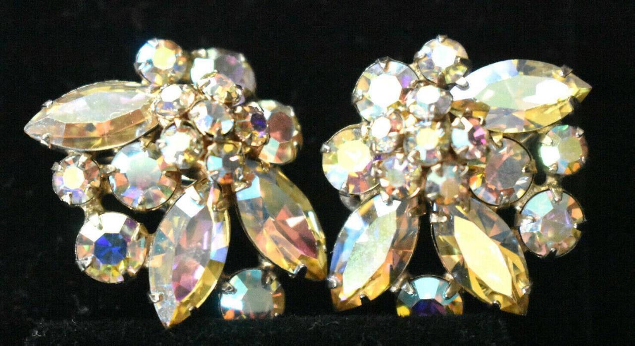 FABULOUS SIGNED SHERMAN YELLOW  AURORA BOREALIS GOLD PLATE FLOWER LEAF EARRINGS