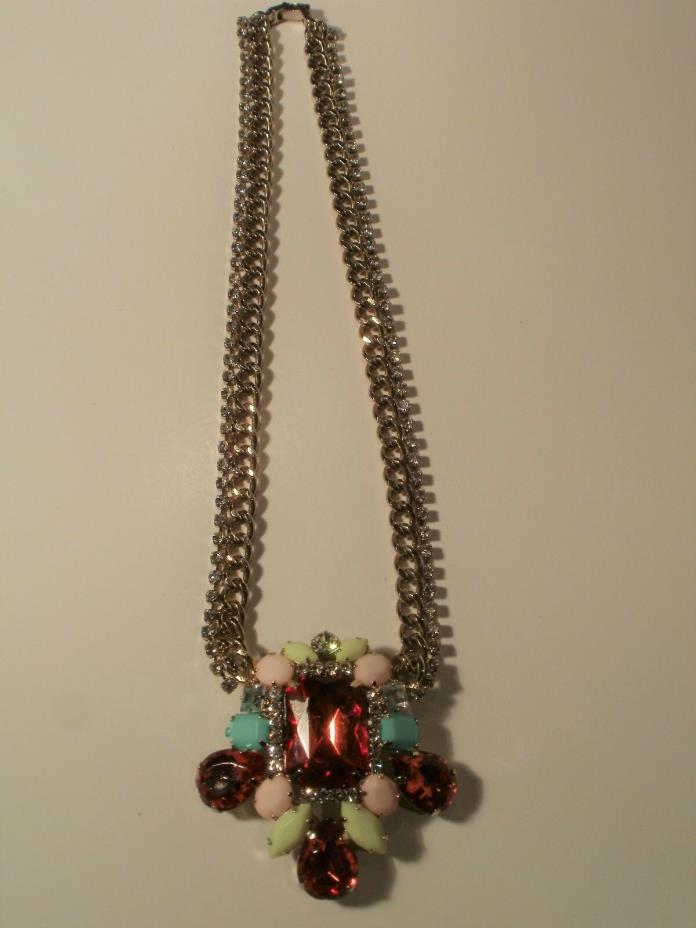 VIntage Chunky Gold Tone Necklace w/Red/Green & Pink Faceted Rhinestones